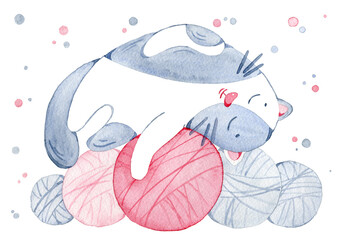 Cute sleeping cat on the balls of yarn. Knitting watercolor illustration for card, logo.