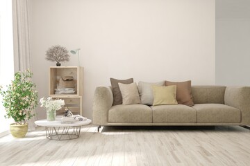 White living room with sofa. Scandinavian interior design. 3D illustration