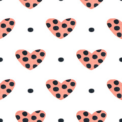 Seamless pattern of hand drawn hearts with polka dots. llustration. Acrylic paint elements,isolated on white. Modern trendy colors.