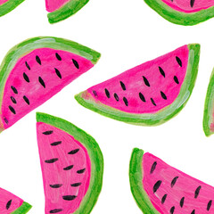 Hand drawn seamless watermelon pattern,isolated on white. Acrylic painted modern Illustration, watercolor