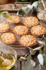 Honey oatmeal chip cookies. Side view. Milk.