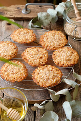 Honey oatmeal chip cookies. Side view. Milk.