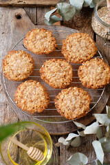 Honey oatmeal chip cookies. Top view. Milk.