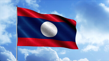 The flag of Laos over the blue sky. Motion. The flag consists of three alternating red and blue horizontal stripes of different widths with a white circle in the center.