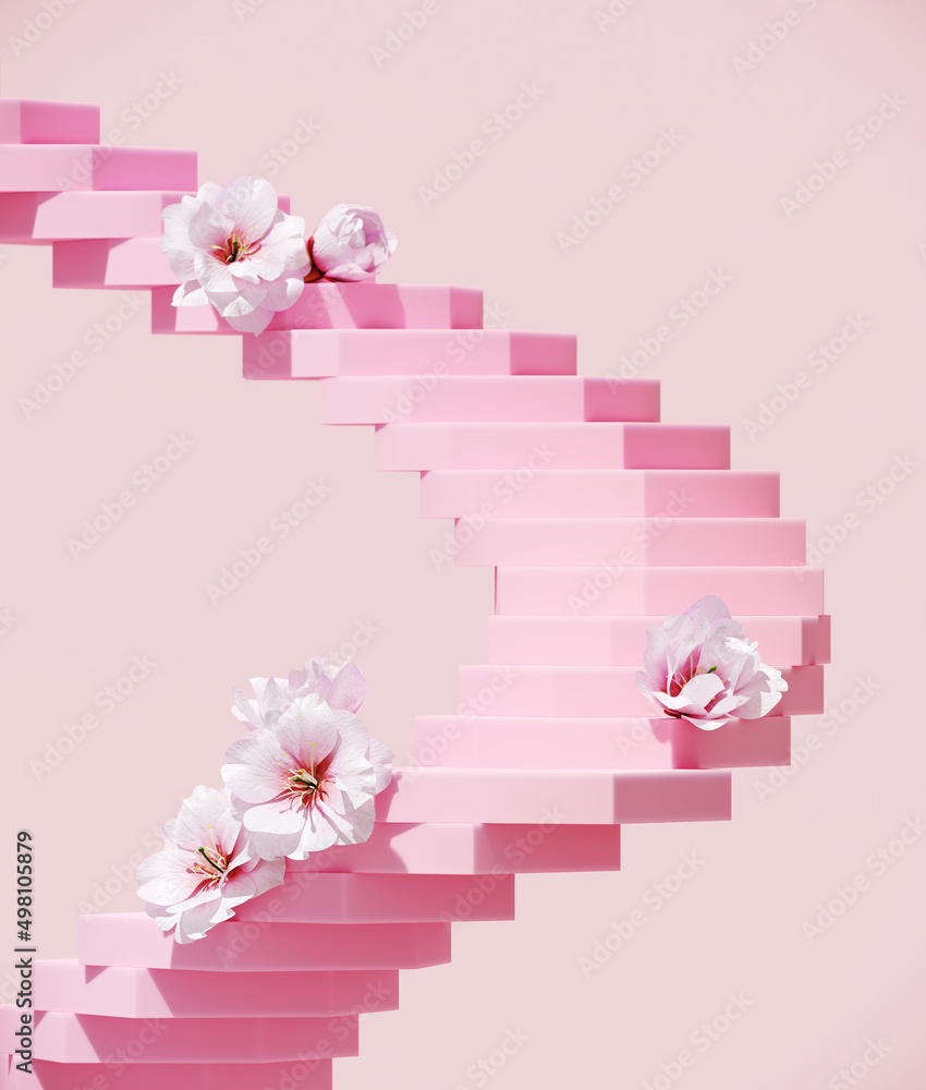 Poster minimal abstract background for product presentation. spiral stair podium with cherry blossom flower