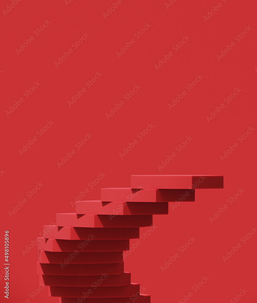 Poster minimal abstract background for product presentation. gradient spiral stair podium on red background