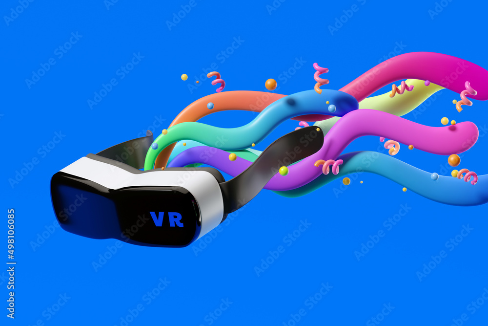 Poster minimal background for online virtual reality concept. vr headset with wave liquid shape on blue bac