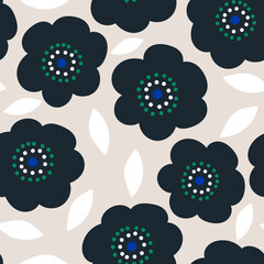 Seamless pattern with retro style bold flowers. Trendy black floral  texture. Vector illustration