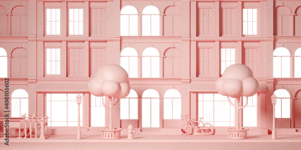 Poster minimal background for online real estate concept. cityscape with pink facade apartment background. 