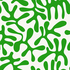 Naklejka na ściany i meble Seamless floral pattern with abstract leaves in Matisse style. Jungle green and summer background. Perfect for fabric design, wallpaper, apparel. Vector illustration