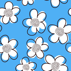 Seamless pattern with abstract minimal outlined daisy flowers. Floral  spring and summer background. Perfect for fabric design, wallpaper, apparel. Vector illustration