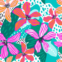 Materiał do szycia Seamless tropical pattern with hand drawn leaves, flowers. Jungle summer background. Perfect for fabric design, wallpaper, apparel. Vector illustration