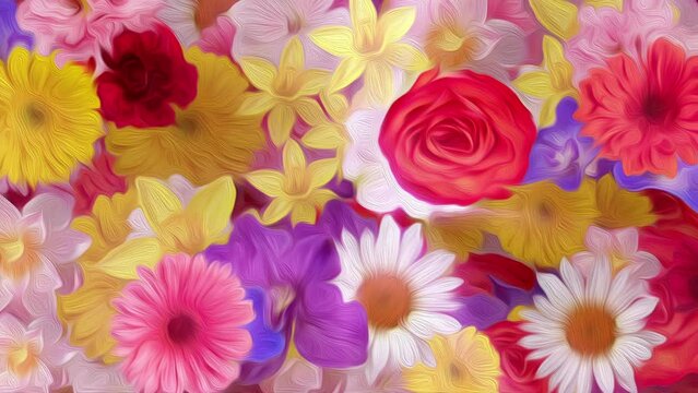 Colourful vibrant floral motion background animation with summer flowers - rose, daisy, daffodil, chrysanthemum, gerbera - in the style of an oil painting.