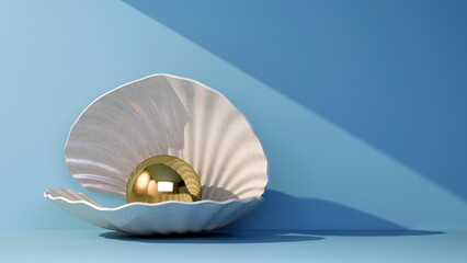 seashell with golden pearl - obrazy, fototapety, plakaty