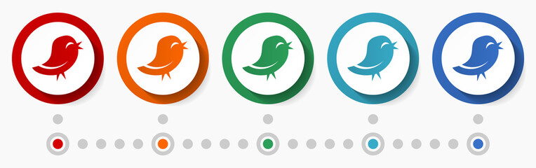 Twitter, tweet concept vector icon set, flat design colorful buttons, infographic template in 5 color options