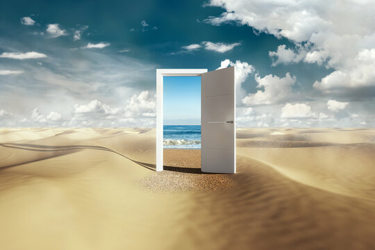 Open door with access to the beach from desert. Travel concept