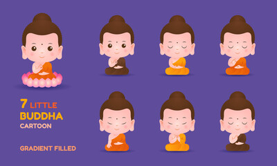 Little buddha cartoon character meditation gradient filled vector set illustration