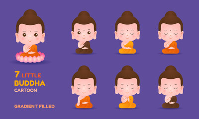 Little buddha cartoon character meditation gradient filled vector set illustration