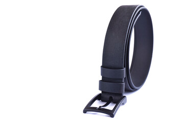 Curved black leather belt on a white background.