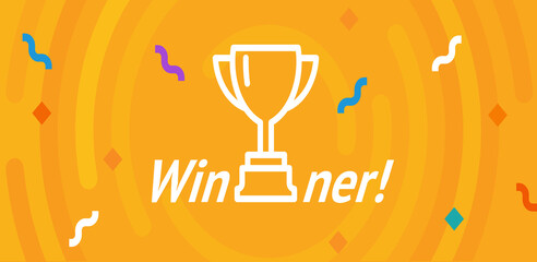 Winner sign. Congratulations win banner. Flat winner vector cup for SMM posts with lines, rounded corners. Flat winning card. Success design. Vector conquest illustration. The first prize