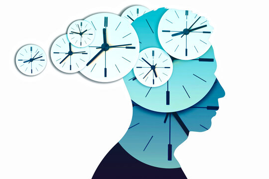 Abstract memory, time and amnesia or dementia concept. Abstract man side profile silhouette with analog clocks.