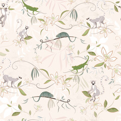 Tropical vector jungle seamless pattern Lemurs, chameleons, lizard, palm leaves, vanilla flowers, trendy fashion background
