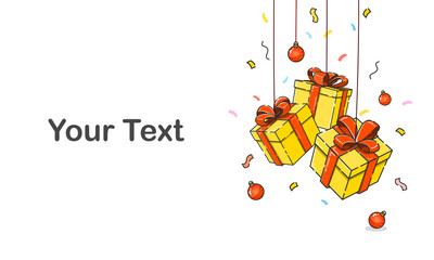 Falling gift boxes, hang gift boxes and space for your text. Merry Christmas and Happy New Year celebrate