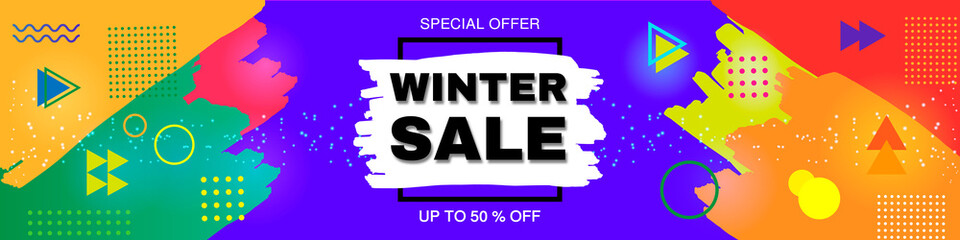 Winter Sale Discount Banner. Final Winter Sale. Background made by brush strokes of paint. Аbstract style background with abstract flowing elements and dynamic geometric shapes. Memphis style