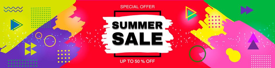 Summer Sale Discount Banner. Final Summer Sale. Background made by brush strokes of paint. Аbstract style background with abstract flowing elements and dynamic geometric shapes. Memphis style © webdesign