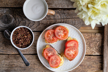 breakfast. tomato toast, chocolate crumble, coffee.
