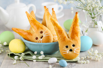 Easter bunny buns from yeast dough. Traditional Easter symbol, dessert, decoration,concept....