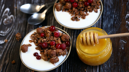 Healthy breakfast. Chocolate crunches with yogurt, honey and berries.