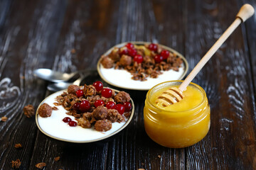 Healthy breakfast. Chocolate crunches with yogurt, honey and berries.