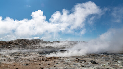 Hverir Myvatn geothermal area with natural steam vents and mud pools all around Lake Myvatn, the...