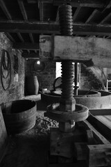 Cider press, Jersey, U.K. Black and white image of the agricultural industry from a bygone age.