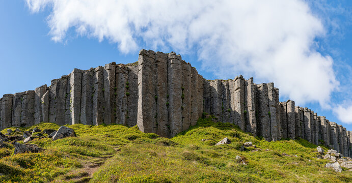 Gerduberg basalt columns on the Snaefellsnes Peninsula in Iceland. Gerduberg is a cliff of dolerite, a coarse grained basalt rock, located on western peninsula Snaefellsnes