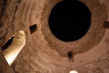Diocletian Palace in Split on a summer night, Vestibule - a large round hall with a domed ceiling. Dalmatia, Croatia