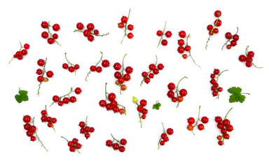 Redcurrants berries with green leaves on white background. Top view, flat lay
