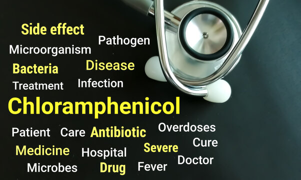 Chloramphenicol medical term with word cloud on black background.