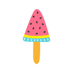 Cute and colorful vector popsicles, ice cream in the form of a watermelon on stick. Summer popsicle vector illustration. Flat Design Dessert Icon