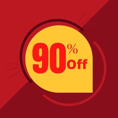 90% off sticker with yellow balloon and red background illustrating a promotion (discount offer)