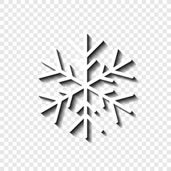 Snowflake simple icon. Flat desing. White with shadow on transparent grid.ai