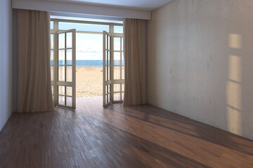 Empty Hotel Room with Sea View. Interior with Open Door Overlooking the Ocean, Beige Curtains, Yellow Sand and Clouds. Dark Parquet Floor and a Beige Stucco Wall. 3D rendering, 8K Ultra HD, 7680x5121