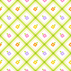 Cute Daisy Flower leaf Element Orange Yellow Green Purple Lilac Violet Pink Diagonal Stripe Striped Line Tilt Checkered Plaid Tartan Buffalo Scott Gingham Pattern Illustration Wrapping Paper, Picnic 