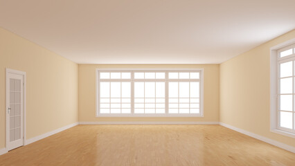 Interior Concept of the Empty Room with Light Parquet Floor, Beige Walls, Large Full Wall Window, a White Door and a Window Opposite. 3D rendering with a Work Path on Windows. 8K Ultra HD 7680x4320