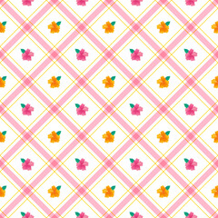 Cute Hibiscus Flower leaf Element Orange Yellow Pink Green Diagonal Stripe Striped Line Tilt Checkered Plaid Tartan Buffalo Scott Gingham PatternIllustration Wrapping Paper, Picnic Mat, Tablecloth