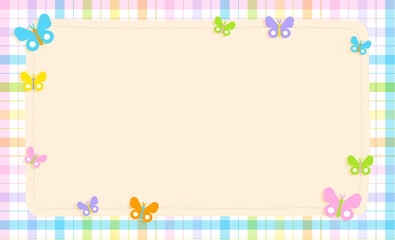Cute Ornament Element Rainbow Pastel Beautiful Butterfly Insect Plaid Gingham Pattern Paper Background Frame Border. Blank note Vector Illustration. Editable Stroke.