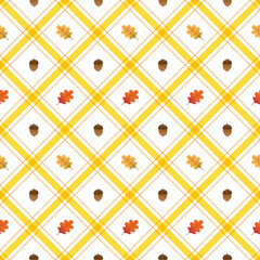Cute Oak Leaf Acorn Autumn Fall Element Yellow Orange Brown Diagonal Stripe Striped Line Tilt Checkered Plaid Tartan Buffalo Scott Gingham Pattern Illustration Wrapping Paper, Picnic Mat, Scarf