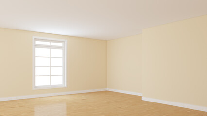 Empty Interior Corner with Beige Walls, White Window, Light Glossy Parquet, White Plinth. Unfurnished Room. Perspective View. 3d rendering with a Work Path on Window. 8K Ultra HD, 7680x4320