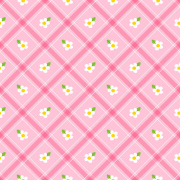 Cute White Daisy Flower Leaf Element Pink Green Diagonal Stripe Striped Line Tilt Checkered Plaid Tartan Buffalo Scott Gingham Pattern Illustration Wrapping Paper, Picnic Mat, Tablecloth, Scarf